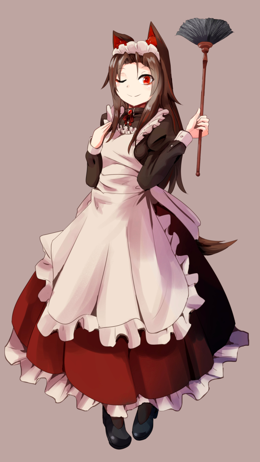 1girl alternate_costume animal_ears apron black_shoes blush brooch closed_mouth duster enmaided full_body highres imaizumi_kagerou jewelry long_sleeves looking_at_viewer maid maid_headdress nama_shirasu one_eye_closed red_eyes shoes simple_background smile solo standing touhou wolf_ears