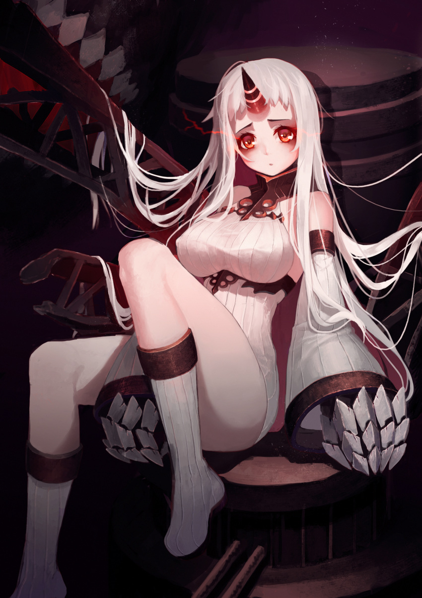 1girl absurdres bare_shoulders breasts claws commentary_request detached_sleeves dress highres horn horns kantai_collection large_breasts long_hair qiongsheng red_eyes ribbed_dress seaport_hime seaport_water_oni shinkaisei-kan short_dress sitting solo teeth very_long_hair white_dress white_hair