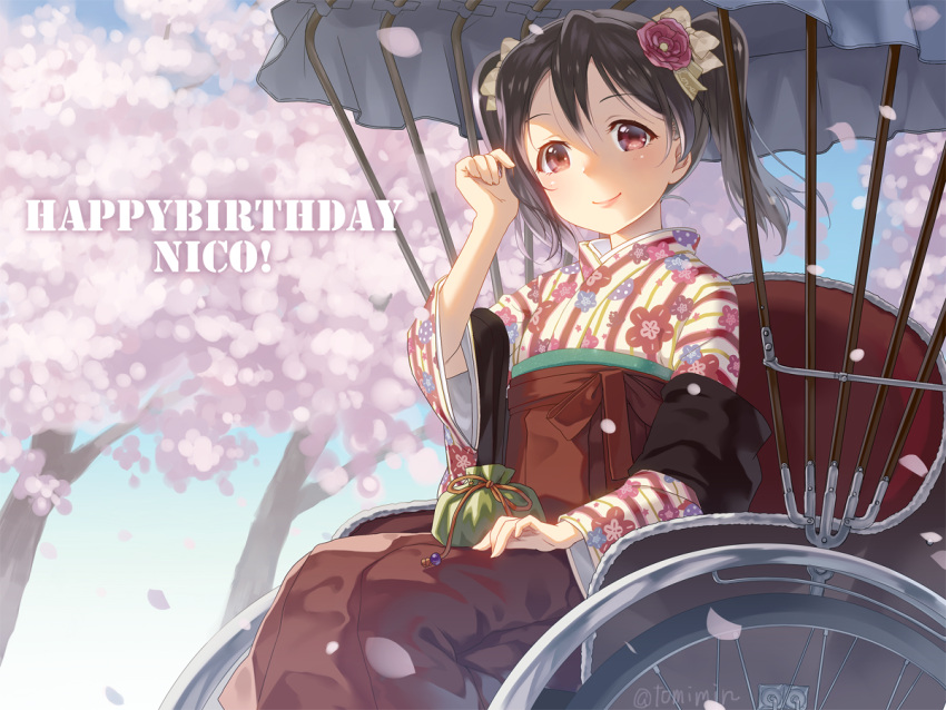 1girl black_hair cherry_blossoms flower hair_flower hair_ornament hair_ribbon happy_birthday japanese_clothes looking_at_viewer love_live! love_live!_school_idol_project petals red_eyes ribbon rickshaw sitting smile solo tomiwo twintails wide_sleeves yazawa_nico