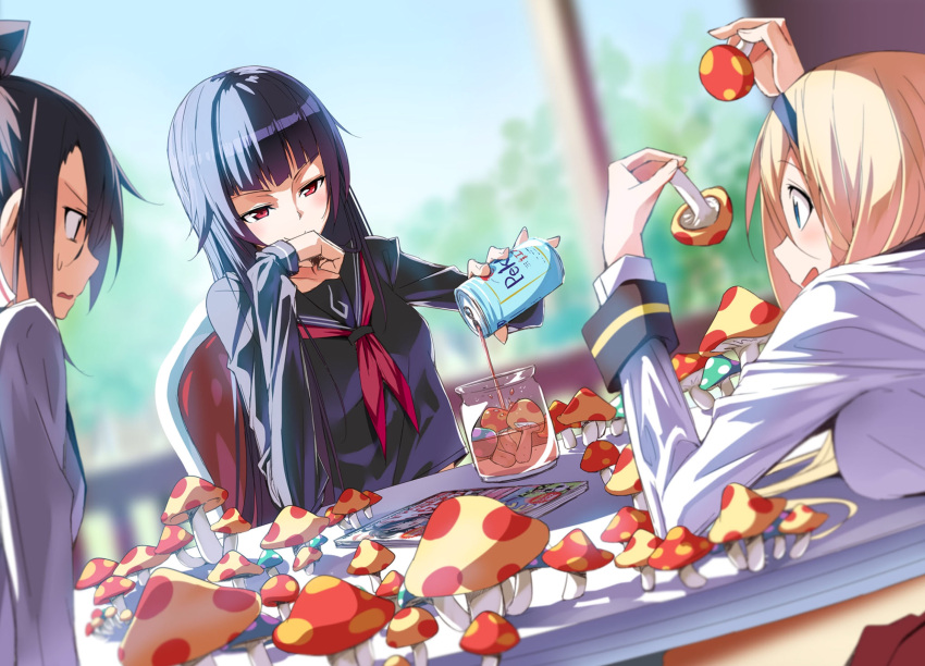 3girls black_hair blonde_hair blue_eyes blurry blurry_background blush chair cup depth_of_field drink drinking_glass elbows_on_table hairband highres inside kasuga_ayumu_(haruhipo) long_hair manga_(object) multiple_girls mushroom open_mouth profile red_eyes room school_uniform sitting sleeve_cuffs spots sunlight table uniform