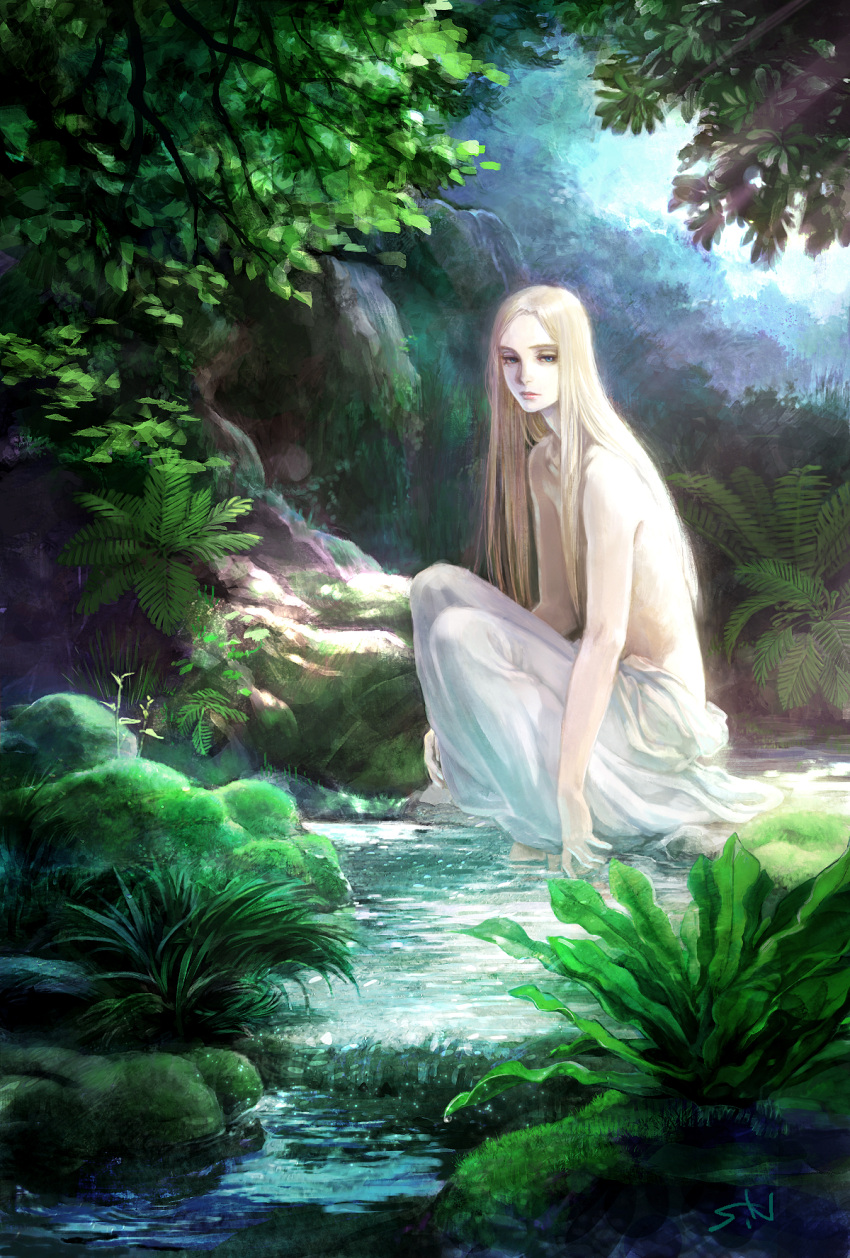 1girl androgynous arms_at_sides bangs blonde_hair blue_eyes closed_mouth dappled_sunlight expressionless fantasy fern forest from_side grass hair_over_breasts highres knees_up leaf legs_together light_rays lips long_hair looking_to_the_side moss nakamitsu nature original outdoors parted_bangs plant rock signature sitting sky soaking_feet solo sunbeam sunlight topless tree tree_shade wading water