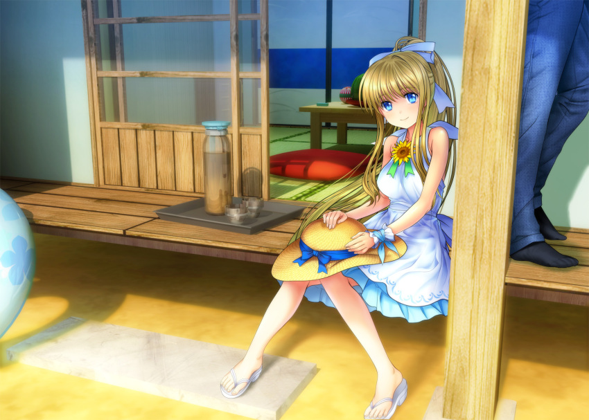 1girl air ball bangs bare_legs black_legwear blonde_hair blue_eyes blue_pants blue_ribbon bottle breasts closed_mouth cup cushion denim dress drink eyebrows eyebrows_visible_through_hair flip-flops flower food fruit hair_ribbon halterneck hat hat_removed hat_ribbon headwear_removed highres jeans kamio_misuzu knees_together_feet_apart long_hair looking_at_viewer medium_breasts mutsuki_(moonknives) no_shoes out_of_frame outdoors pants ponytail porch ribbon sandals shade shadow sidelocks sitting sleeveless sleeveless_dress sliding_doors smile socks solo_focus standing straw_hat summer sundress sunflower tatami transparent tray veranda very_long_hair watermelon white_dress wooden_table wrist_cuffs