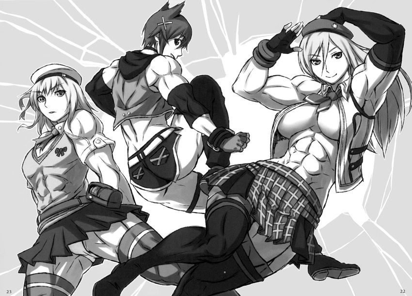3girls abs artist_request breasts cap cleavage copyright_request female fingerless_gloves gloves monochrome multiple_girls muscle necktie ribbon skirt