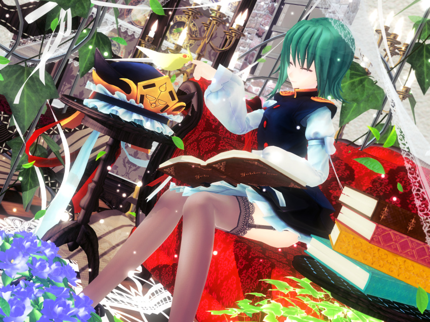 1girl 3d bird book cabinet candle candlestand closed_eyes cockatiel couch dutch_angle garter_straps green_hair happy hat hat_removed headwear_removed highres holding holding_book indoors kurogoma_(glassesgurasan) leaf light_particles mikumikudance older pantyhose petting plant plate poking reading shiki_eiki short_hair sitting smile solo table thigh-highs touhou