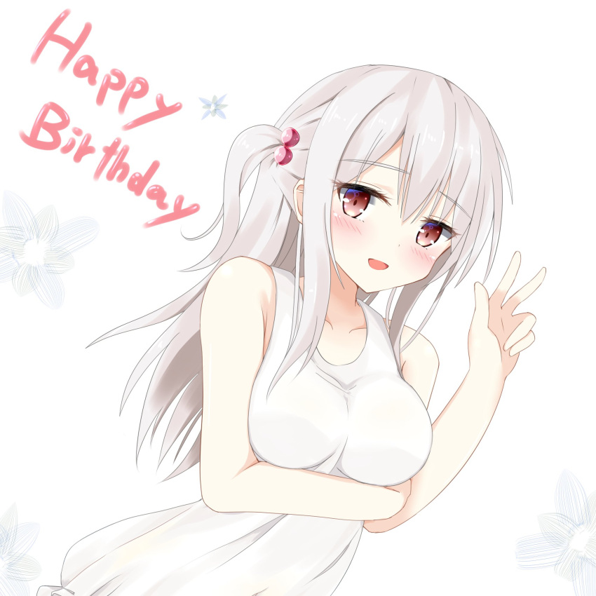 1girl arm_up bare_arms bare_shoulders blush borrowed_character breast_hold breasts commentary_request dress eyebrows eyebrows_visible_through_hair hair_bobbles hair_ornament happy_birthday highres kanitama long_hair looking_at_viewer medium_breasts original red_eyes smile solo tank_top tisshu_(karutamo) white_dress white_hair