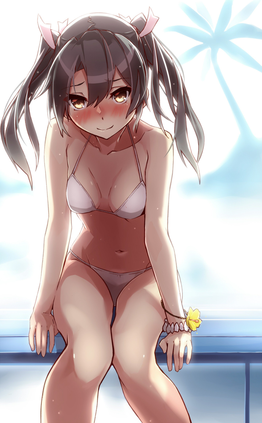 1girl bikini black_hair blush bracelet breasts brown_eyes cleavage collarbone commentary_request hair_ribbon highres jewelry kantai_collection long_hair looking_at_viewer navel ribbon sitting smile swimsuit takanashie twintails white_bikini white_ribbon white_swimsuit zuikaku_(kantai_collection)