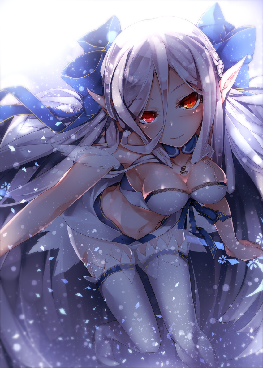 1girl blush breasts cleavage highres kazetto long_hair looking_at_viewer navel ortlinde=nblg=valkyria pointy_ears red_eyes slit_pupils solo sound_voltex thigh-highs white_hair white_legwear