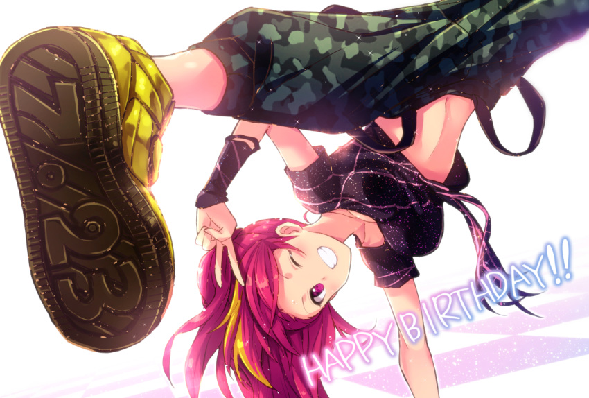1girl blonde_hair handstand idolmaster idolmaster_million_live! ima_(lm_ew) long_hair maihama_ayumu multicolored_hair one_eye_closed outstretched_arm pink_eyes pink_hair ponytail smile spread_legs upside-down v