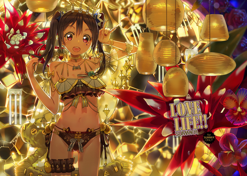 1girl \m/ bare_shoulders bikini black_hair blush bracelet brown_bikini choker commentary_request el-zheng facial_mark frilled_bikini frills hair_ornament jewelry lantern long_hair looking_at_viewer love_live! love_live!_school_idol_project nail_polish navel necklace open_mouth red_eyes smile solo swimsuit thigh_strap tiara twintails yazawa_nico