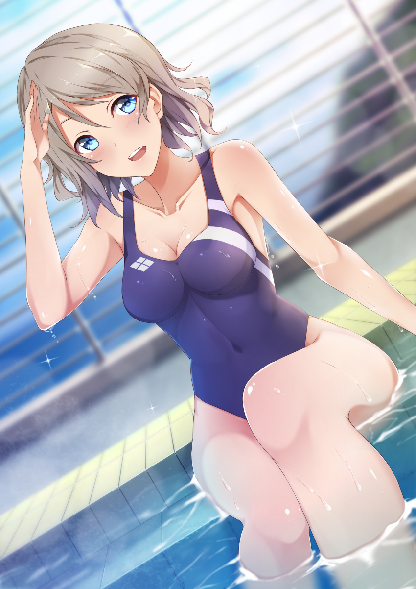 1girl absurdres blue_eyes competition_swimsuit dutch_angle grey_hair highres love_live! love_live!_sunshine!! lzl_j one-piece_swimsuit poolside salute short_hair sitting swimsuit watanabe_you water