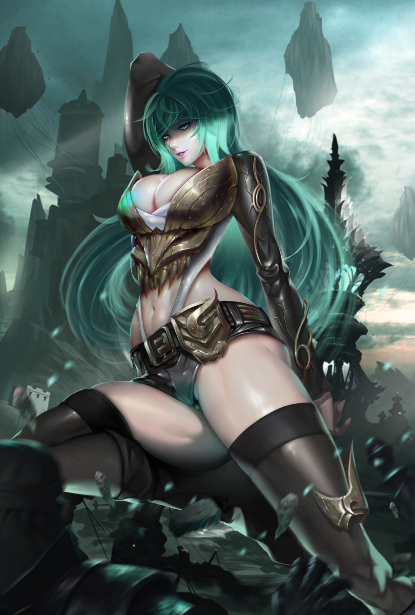1girl absurdres arm_up armor belt boots breastplate breasts buckle castle cleavage clouds cloudy_sky cowboy_shot eyelashes floating_island green_eyes green_hair highres knee_boots large_breasts lipstick long_hair long_sleeves makeup midriff navel one_leg_raised original parted_lips purple_lips shorts sky solo thigh-highs thighs xi_ti xī_t&iacute;