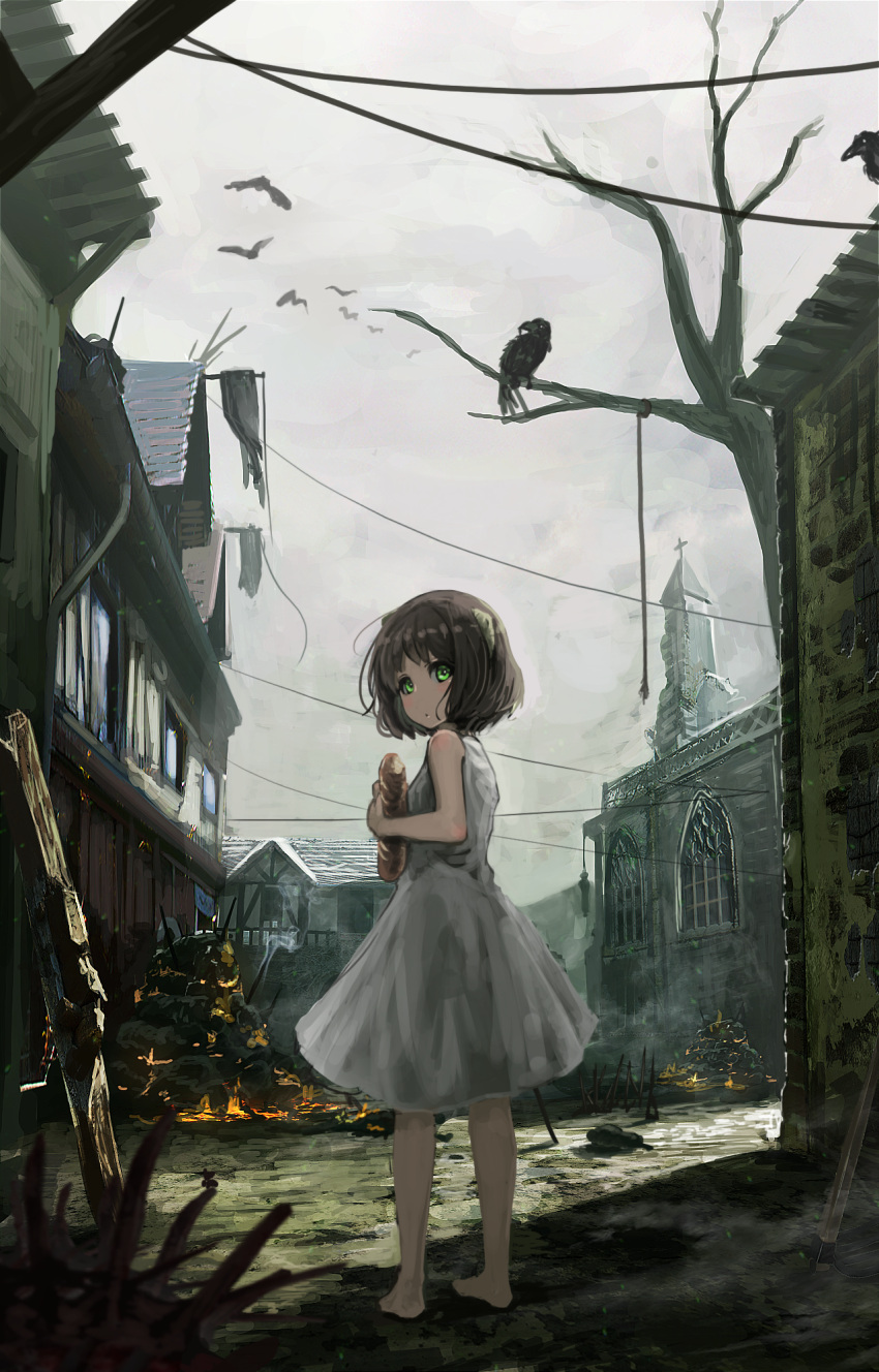 1girl :o barefoot bird blush bread brown_hair church city commentary corpse death dress fire food green_eyes hanged highres holding house looking_at_viewer looking_back oota_youjo original raven raven_(animal) rope rubble scenery see-through_silhouette short_hair silhouette sleeveless sleeveless_dress smoke solo white_dress worktool