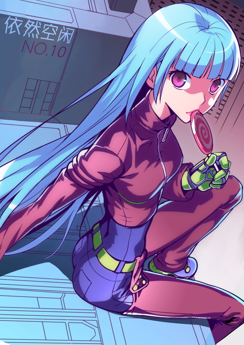 1girl belt blue_hair candy chaps cropped_jacket gloves highres kula_diamond lollipop long_hair looking_at_viewer red_eyes solo the_king_of_fighters yiran_kong_xian