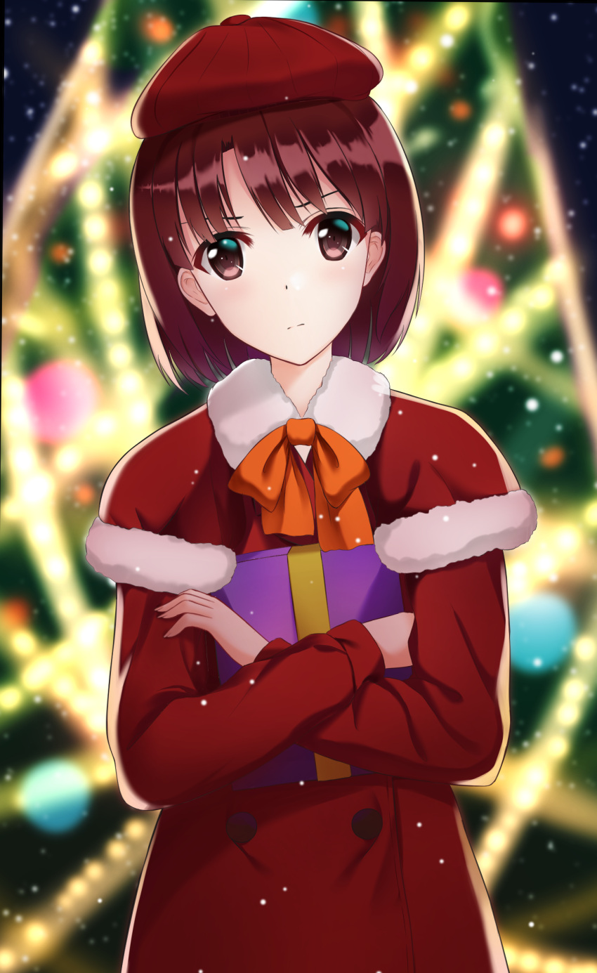 1girl beret blurry box brown_eyes brown_hair capelet carrying christmas christmas_tree depth_of_field gift gift_box hat highres katou_megumi looking_at_viewer rko_(a470350510) saenai_heroine_no_sodatekata short_hair solo