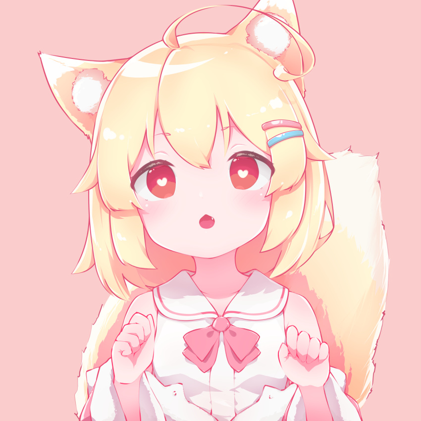 1girl absurdres ahoge animal_ear_fluff animal_ears bangs blonde_hair borrowed_character bow dress dress_bow eyebrows_visible_through_hair fang fox_ears fox_tail hair_between_eyes heart heart-shaped_pupils highres looking_at_viewer medium_hair monochrome_background open_mouth original paw_pose pink_background red_eyes shiomikaze simple_background solo symbol-shaped_pupils tail upper_body white_dress