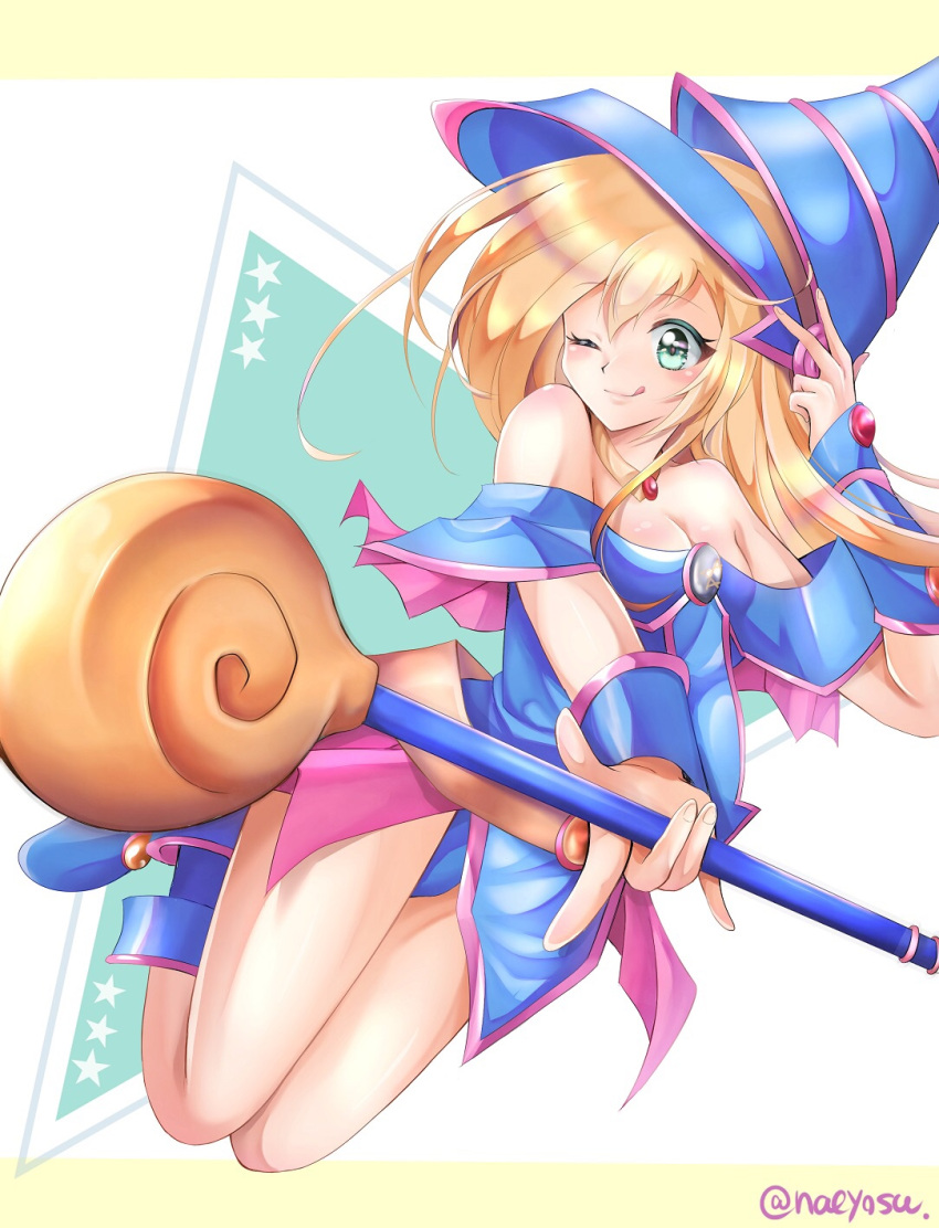 1girl aqua_eyes artist_name bare_legs bare_shoulders blonde_hair boots breasts cleavage dark_magician_girl duel_monster female hat long_hair magical_girl one_eye_closed smile solo tongue tongue_out wink wizard_hat yu-gi-oh! yuu-gi-ou_duel_monsters