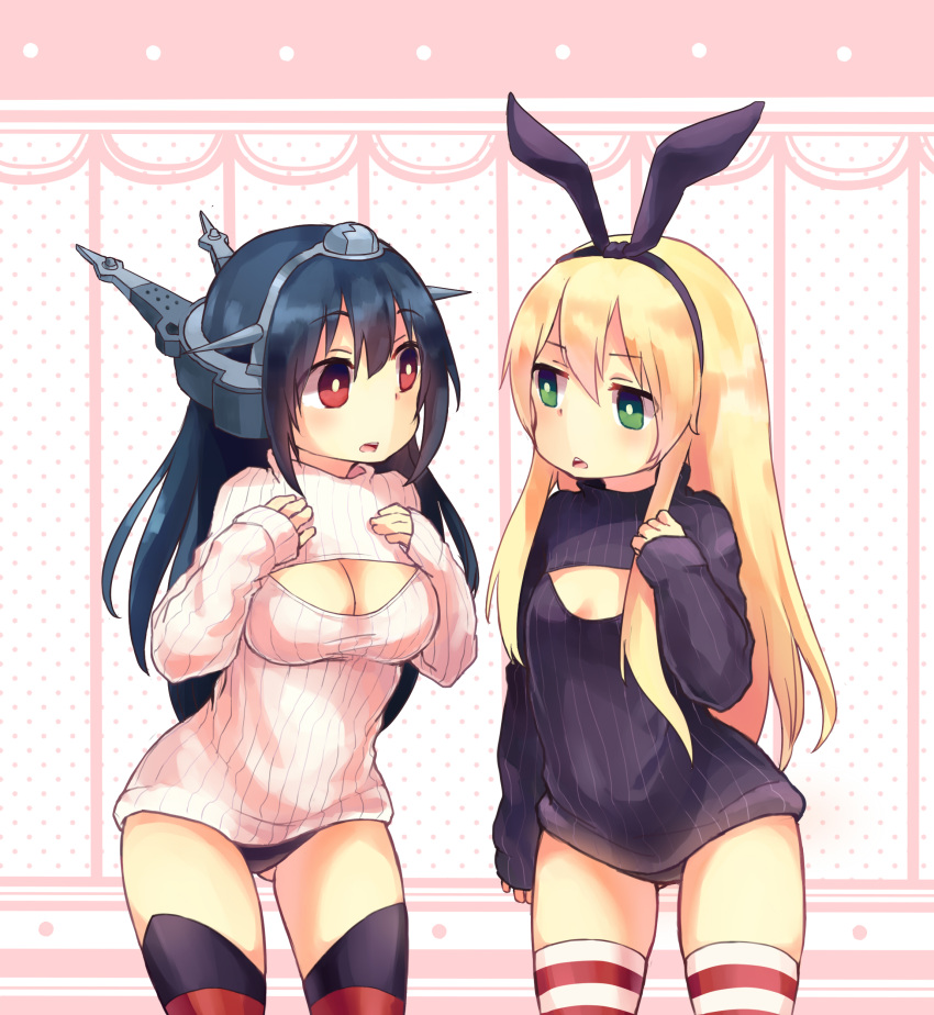 2girls absurdres arm_at_side bangs black_hair black_panties black_sweater blonde_hair bottomless breast_suppress breasts cleavage cleavage_cutout cowboy_shot d: eye_contact eyebrows eyebrows_visible_through_hair gluteal_fold green_eyes hair_between_eyes headband headgear highres kantai_collection large_breasts legs_apart long_hair long_sleeves looking_at_another multiple_girls nagato_(kantai_collection) open-chest_sweater open_mouth panties parted_lips polka_dot red_eyes ribbed_sweater shade shimakaze_(kantai_collection) sleeves_past_wrists small_breasts striped striped_legwear surprised sweater tamo-chan tamomoko thigh-highs triangle_mouth turtleneck underwear white_sweater