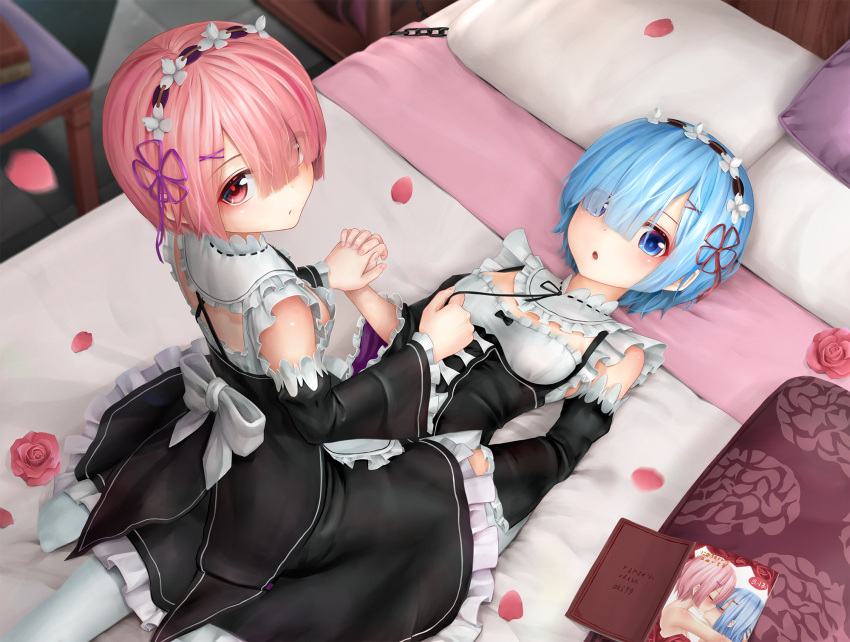 2girls aki99 bare_shoulders bed black_dress blue_eyes blue_hair blush breasts chains detached_sleeves dress eyes_visible_through_hair flower frills from_above girl_on_top hair_ornament hair_over_one_eye hand_holding highres incest looking_at_viewer looking_up lying maid maid_headdress multiple_girls on_back open_mouth pantyhose petals pillow pink_hair ram_(re:zero) re:zero_kara_hajimeru_isekai_seikatsu red_eyes rem_(re:zero) ribbon ribbon-trimmed_collar ribbon_trim rose rose_petals short_hair siblings sisters sitting sitting_on_person small_breasts straddling twincest twins underbust untying white_legwear x_hair_ornament yuri