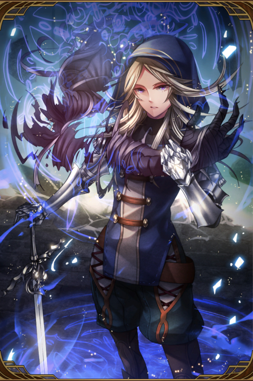 1girl arm_grab artist_request baggy_pants bandage boots cowboy_shot gauntlets grand_sphere highres hood magic_circle multicolored_hair open_mouth pants runes sword violet_eyes weapon
