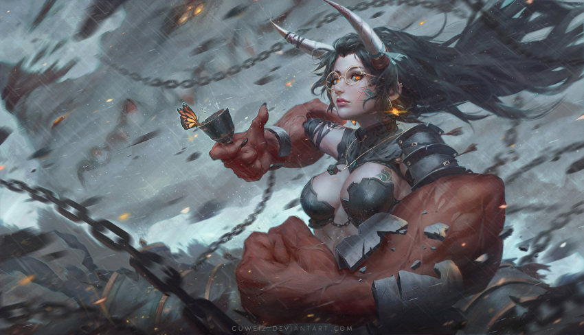 1girl animal armor artist_name black_hair blue_ribbon blurry breasts broken_cup butterfly chains cleavage clenched_hand closed_mouth cup demon_girl demon_horns depth_of_field dragon earrings expressionless floating_hair glasses glowing guweiz highres holding holding_cup horn_ornament horn_ribbon horns insect jewelry long_hair looking_at_viewer medium_breasts monster necklace orange_eyes original pendant pink_lips rain ribbon round_glasses sharp_teeth shoulder_pads solo teacup teeth very_long_hair water wind yellow-framed_eyewear
