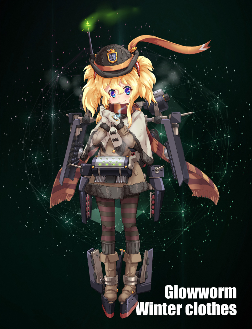 1girl alternate_costume black_bow blonde_hair blue_eyes blush boots bow bowler_hat brown_boots brown_coat buttons cannon capelet character_name closed_mouth coat commentary_request depth_charge emblem english eyebrows eyebrows_visible_through_hair full_body fur_trim glowworm_(zhan_jian_shao_nyu) green_background hair_between_eyes hands_together hat highres looking_at_viewer machinery mittens official_art orange_ribbon own_hands_together pocket propeller ribbon scarf scrunchie sirills smile solo standing steam striped striped_legwear striped_scarf symbol-shaped_pupils text torpedo turret twintails zhan_jian_shao_nyu