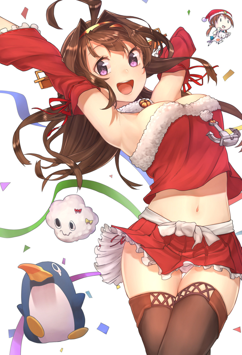 1girl :d absurdres ahoge anchor armpits arms_up baffu bare_shoulders blush boots breasts brown_hair brown_legwear christmas commentary_request confetti crop_top crop_top_overhang detached_sleeves double_bun error_musume failure_penguin frilled_skirt frilled_sleeves frills fur_trim girl_holding_a_cat_(kantai_collection) hairband headgear highres kantai_collection kongou_(kantai_collection) long_hair looking_at_viewer midriff miss_cloud navel open_mouth panties pantyshot pleated_skirt santa_costume simple_background skirt smile solo thigh-highs thigh_boots thigh_gap underwear violet_eyes white_background white_panties