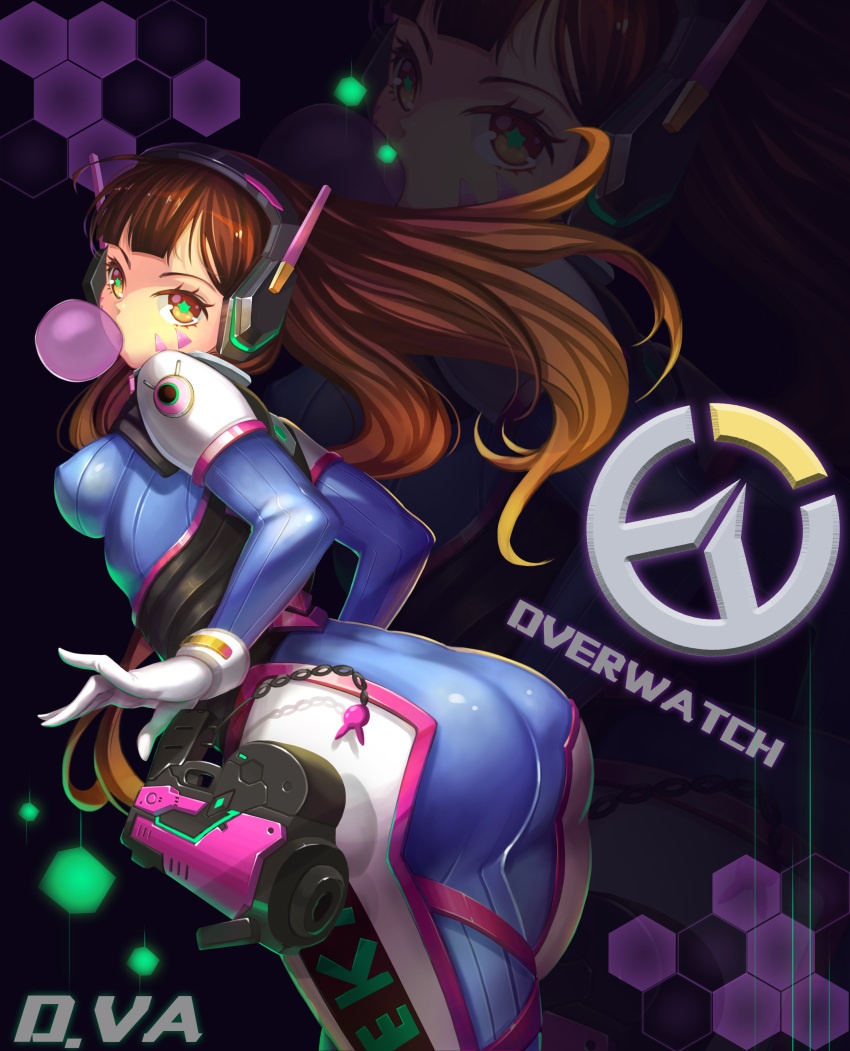 1girl absurdres acronym arched_back armor ass bangs blunt_bangs bodysuit bracer breasts brown_eyes brown_hair bubble_blowing bubblegum character_name charm_(object) copyright_name cowboy_shot d.va_(overwatch) emblem erect_nipples facepaint facial_mark from_behind gloves gum gun handgun headphones high_collar highres logo long_hair looking_at_viewer looking_back medium_breasts overwatch pauldrons pilot_suit ribbed_bodysuit shoulder_pads smile solo star star-shaped_pupils symbol-shaped_pupils thigh_strap turtleneck weapon whisker_markings white_gloves xiao_du