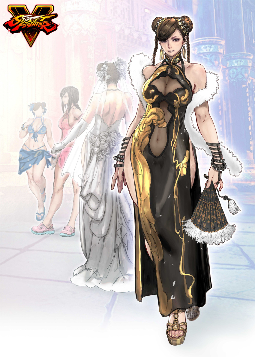 1girl absurdres alternate_costume alternate_hairstyle bikini bracelet breasts bridal_gauntlets choker chun-li cleavage cleavage_cutout commentary commentary_request copyright_name crocs double_bun dress earrings eyeshadow fan flower from_behind front-tie_top hair_flower hair_ornament halterneck highres hips jewelry large_breasts looking_at_viewer makeup multiple_views navel navel_cutout official_art pelvic_curtain ponytail sarong see-through side_slit stole street_fighter swimsuit variations wedding_dress yasuda_akira