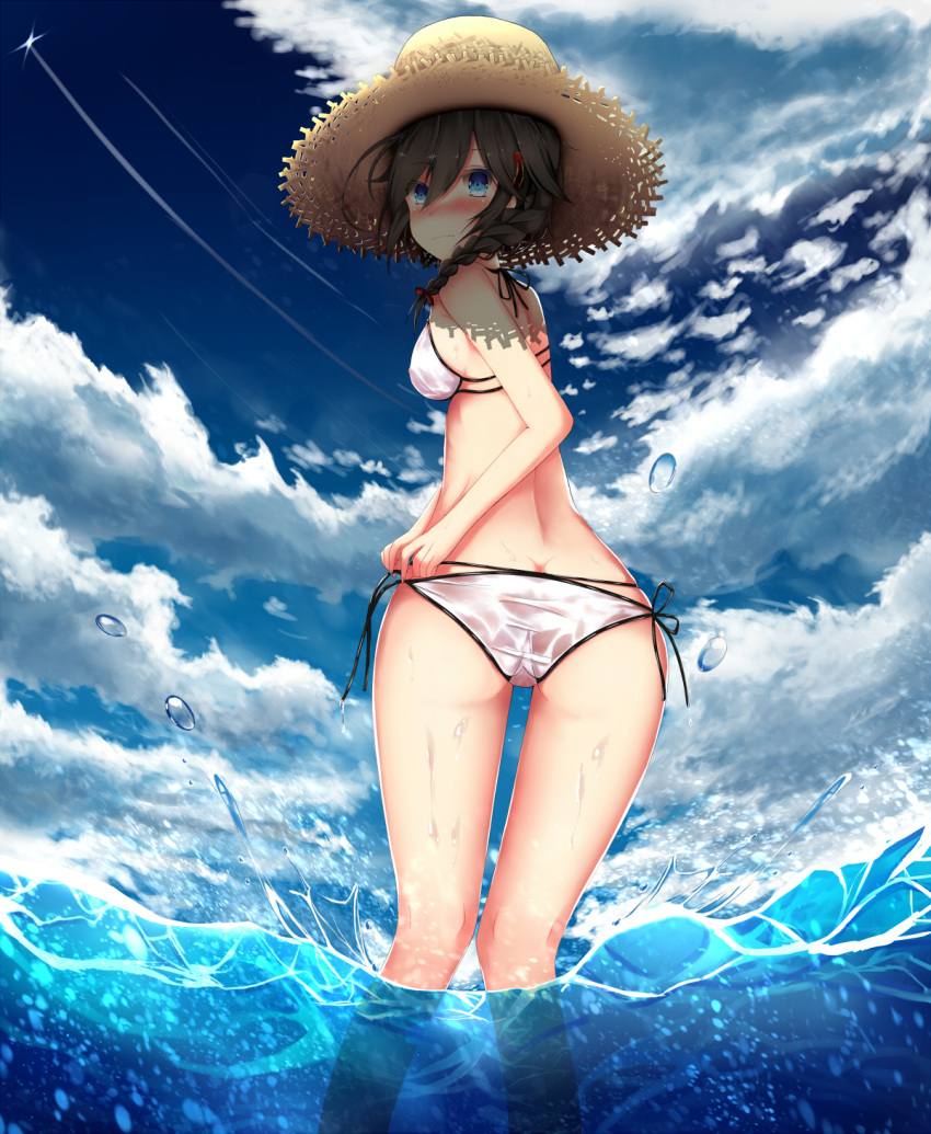 1girl ass bikini black_hair blue_eyes braid butt_crack clouds from_behind hat highres kantai_collection long_hair looking_back shigure_(kantai_collection) straw_hat swimsuit water xi_ying