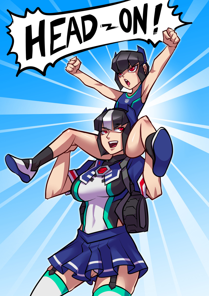 2girls absurdres autobot backpack bag black_hair breasts carrying clenched_hands covered_navel dual_persona english fortress_maximus garter_straps genderswap genderswap_(mtf) hairband highres large_breasts miniskirt multicolored_hair multiple_girls open_mouth personification ryuusei_(mark_ii) shoes shoulder_carry sidelocks skirt smile socks striped striped_legwear swimsuit thigh-highs transformers two-tone_hair white_hair