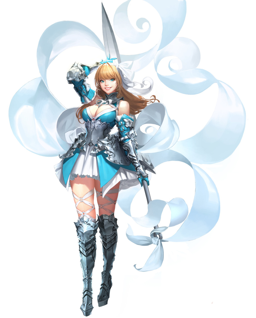 1girl armor armored_boots bare_shoulders blonde_hair blue_eyes blue_gloves boots breasts cherrylich cleavage dress full_body gloves grin hair_ribbon highres holding holding_sword holding_weapon long_hair looking_at_viewer original realistic ribbon simple_background smile solo sword weapon white_background white_ribbon