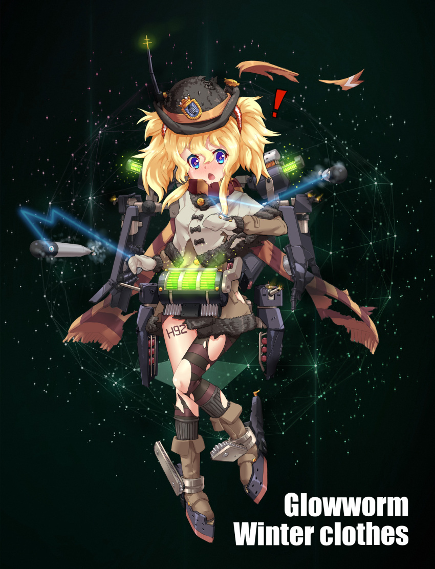 ! &gt;:o 1girl :o alternate_costume black_bow blonde_hair blue_eyes blush boots bow bowler_hat brown_boots brown_coat buttons cannon capelet character_name coat damaged depth_charge emblem english eyebrows eyebrows_visible_through_hair fur_trim glowing glowworm_(zhan_jian_shao_nyu) green_background hair_between_eyes hat highres looking_at_viewer machinery mittens official_art open_mouth orange_ribbon pocket propeller ribbon scarf scrunchie sirills solo standing standing_on_one_leg steam striped striped_legwear striped_scarf symbol-shaped_pupils text torn_clothes torpedo turret twintails zhan_jian_shao_nyu