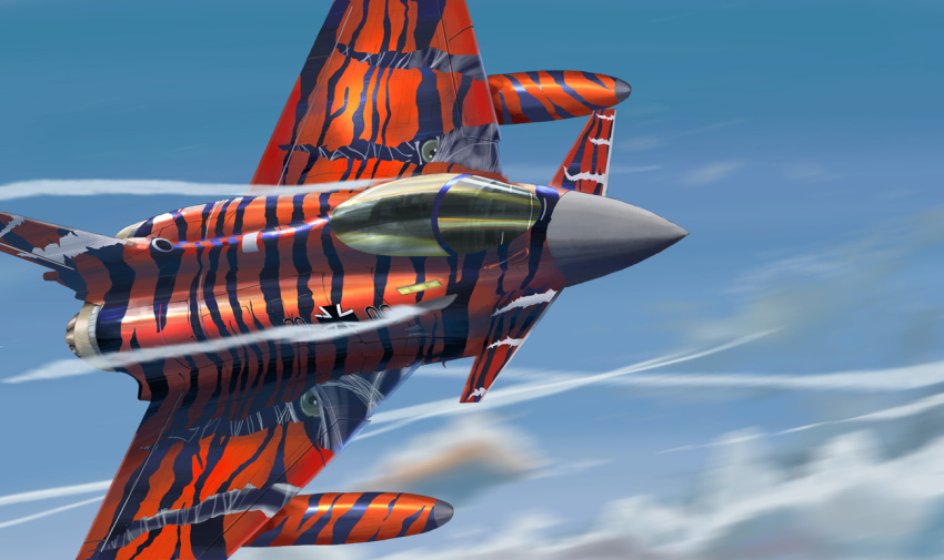 aircraft airplane camouflage canards canopy clouds cockpit condensation_trail eurofighter_typhoon fighter_jet germany i.t.o_daynamics jet luftwaffe military military_vehicle motion_blur real_life realistic tagme tiger_print tiger_stripes