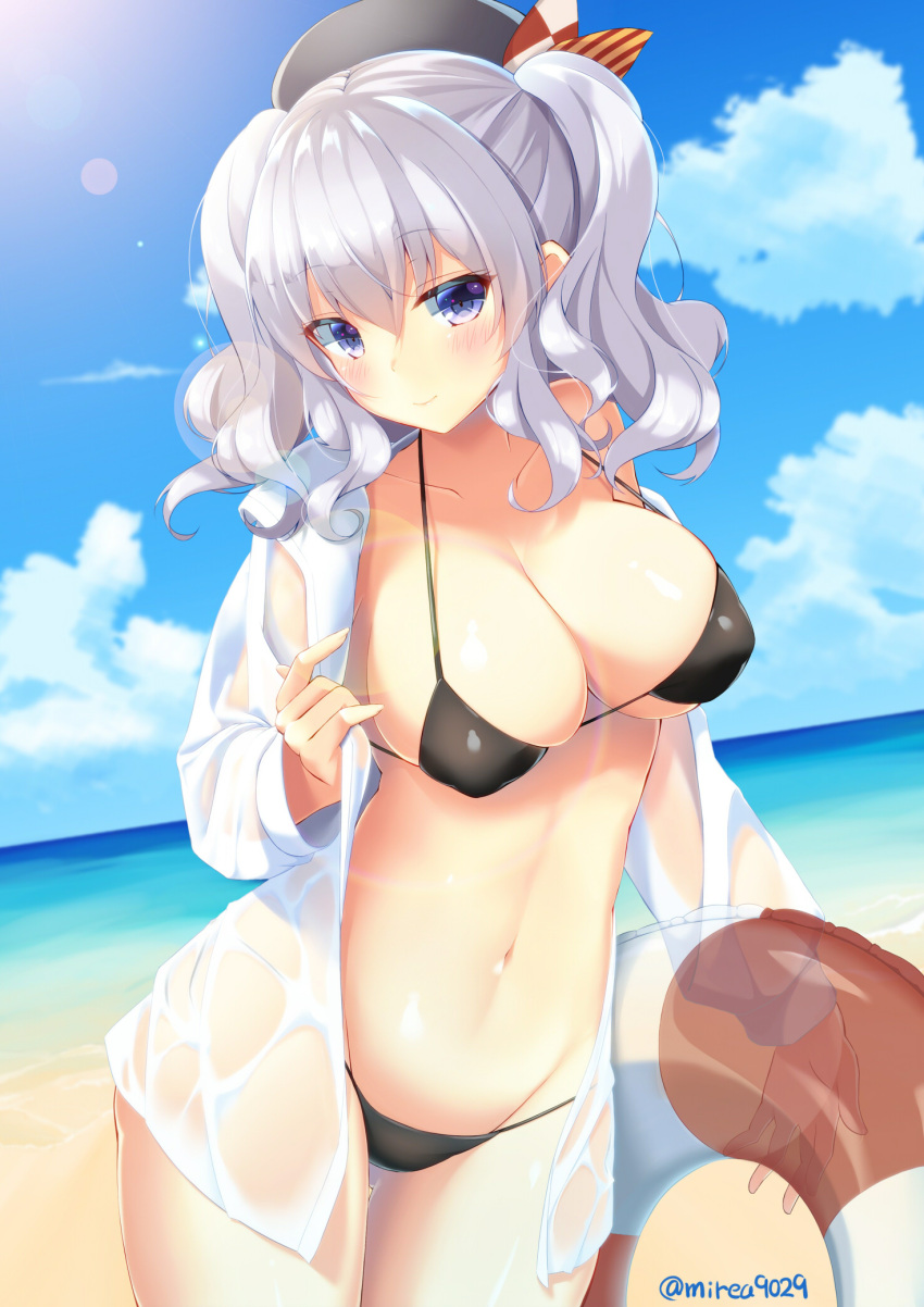 1girl alternate_costume beach bikini black_bikini blue_eyes blush breasts clouds cloudy_sky colored_eyelashes day hair_between_eyes highres innertube kantai_collection kashima_(kantai_collection) large_breasts light_particles light_smile long_hair md5_mismatch midriff navel ocean outdoors renka_(llawliet39) see-through silver_hair sky solo sun sunlight swimsuit twintails