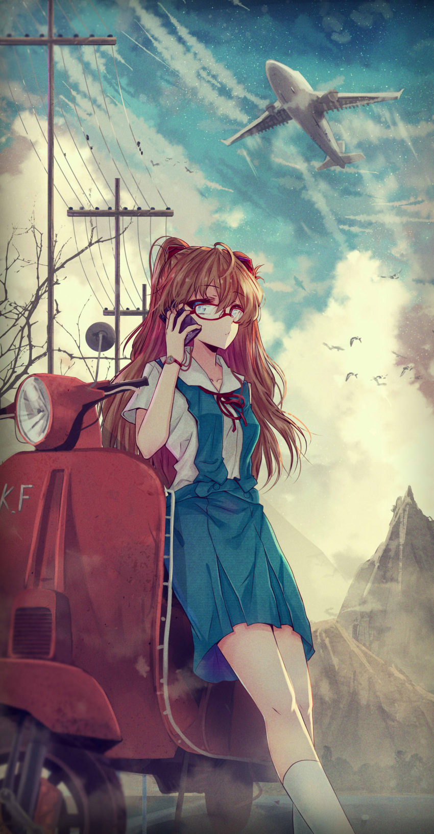 1girl absurdres against_vehicle aircraft airplane bangs bird blue_eyes blue_skirt cable cellphone clouds collared_shirt daikazoku63 duplicate glasses ground_vehicle hair_ornament highres holding holding_phone kneehighs leaning leaning_back long_hair looking_at_viewer making_of motor_vehicle mountain neck_ribbon neon_genesis_evangelion orange_hair outdoors phone power_lines red-framed_eyewear red_ribbon ribbon road scooter shirt short_sleeves skirt sky solo souryuu_asuka_langley standing telephone_pole tree vehicle vespa watch watch white_legwear