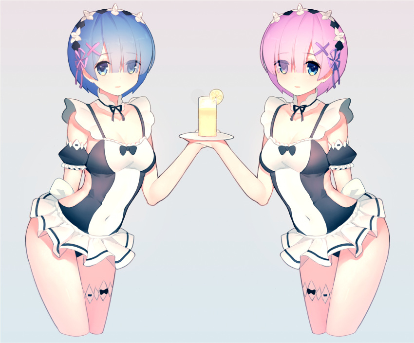 2girls :d adapted_costume alternate_eye_color arm_behind_back bad_id bangs bare_arms black_bow black_ribbon blue_eyes blue_hair blush bow breasts choker cleavage cropped_legs cup detached_sleeves drinking_glass eyebrows eyebrows_visible_through_hair eyes_visible_through_hair food frills fruit gradient gradient_background grey_background hair_ornament hair_over_one_eye hairband highres leaning_forward lemon lemon_slice lemonade looking_at_viewer maid medium_breasts multiple_girls one-piece_swimsuit open_mouth pink_hair pink_ribbon plate puffy_sleeves purple_ribbon qiongsheng ram_(re:zero) re:zero_kara_hajimeru_isekai_seikatsu rem_(re:zero) ribbon saucer short_hair short_sleeves siblings side_cutout simple_background sisters skin_tight smile swimsuit thigh_strap twins x_hair_ornament