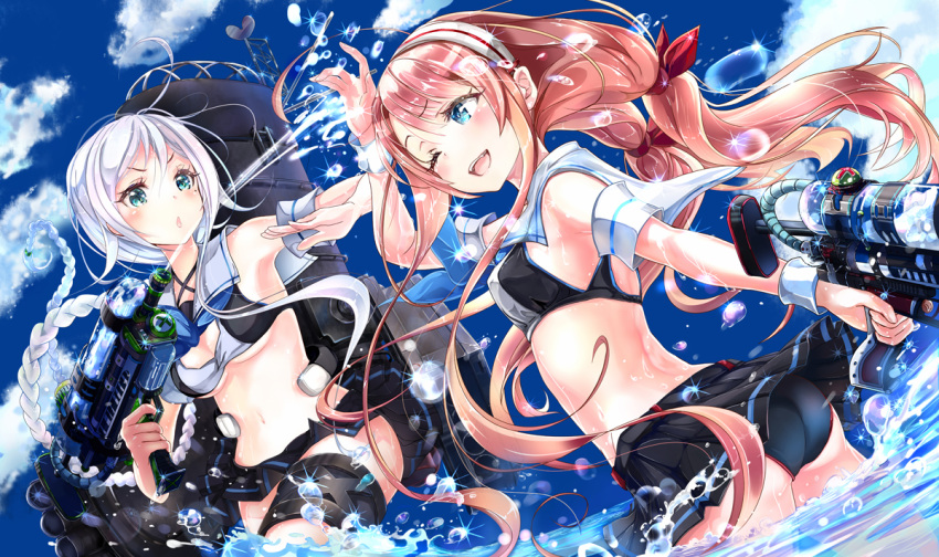 &gt;:o 2girls :o ;d adapted_costume ahoge arm_up ass bikini bikini_skirt black_bikini black_skirt blue_eyes braid breasts chestnut_mouth clouds cloudy_sky covering_face detached_sleeves eyebrows eyebrows_visible_through_hair from_below hair_between_eyes huge_ahoge kantai_collection kawakaze_(kantai_collection) long_hair looking_at_another low_twintails machinery medium_breasts midriff multiple_girls navel neckerchief ocean one_eye_closed open_mouth partially_submerged pleated_skirt redhead serious silver_hair single_braid skirt sky smile soramu splashing standing standing_on_liquid swimsuit thighs twintails umikaze_(kantai_collection) under_boob very_long_hair water water_gun wet wet_clothes