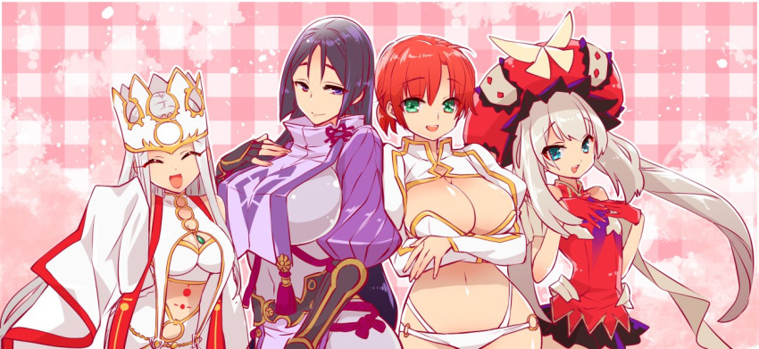 4girls bare_shoulders black_skirt blue_eyes boudica_(fate/grand_order) breast_hold breasts checkered checkered_background cleavage closed_eyes covered_navel crossed_arms crown detached_sleeves dress dress_of_heaven drill_hair fate/grand_order fate/stay_night fate_(series) fingerless_gloves flat_chest gloves green_eyes hands_on_own_chest hat huge_breasts irisviel_von_einzbern irisviel_von_einzbern_(caster) jewelry juliet_sleeves kettle21 large_breasts long_hair long_sleeves looking_at_viewer marie_antoinette_(fate/grand_order) mature medium_breasts midriff milf minamoto_no_yorimitsu_(fate/grand_order) multiple_girls navel open_mouth pleated_skirt ponytail puffy_sleeves purple_hair redhead short_hair short_ponytail silver_hair skirt sleeveless sleeveless_dress sleeves_past_wrists smile tassel trait_connection twin_drills twintails very_long_hair violet_eyes waving white_dress white_hair wide_sleeves