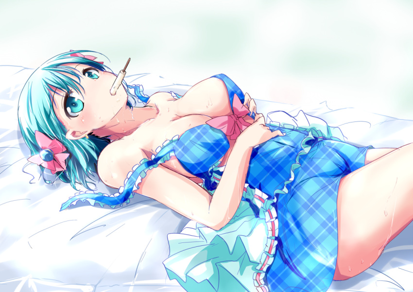 1girl aqua_eyes aqua_hair bare_shoulders bed_sheet bow breasts cleavage collarbone divine_gate dress food frilled_dress frills hair_bow hand_on_own_stomach looking_at_viewer lying medium_breasts mouth_hold on_back pink_bow popsicle sleeveless sleeveless_dress solo sorairo_porin strap_slip sweat vivian_(divine_gate)