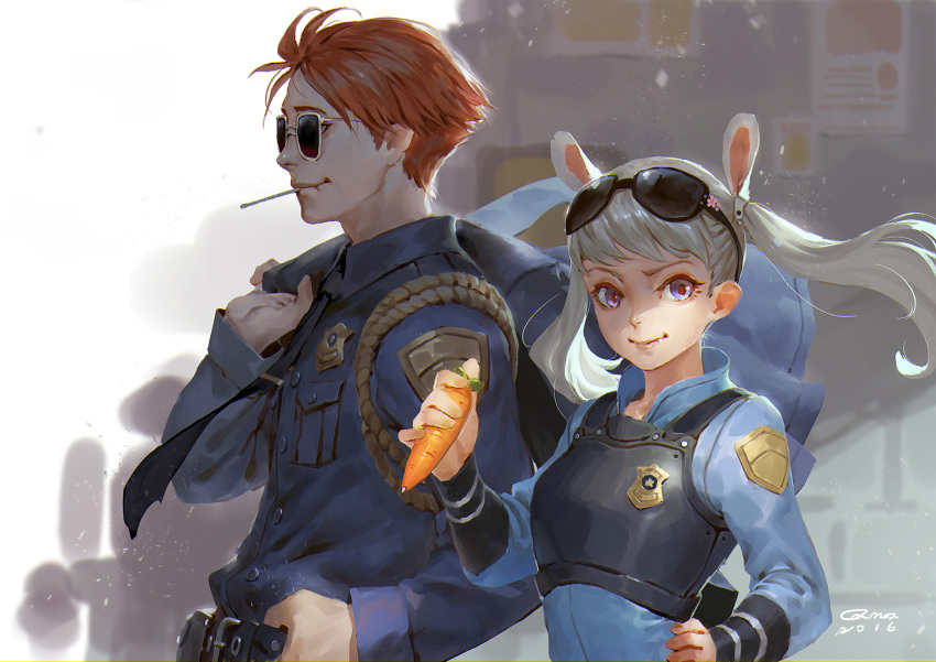 1boy 1girl 2016 animal_ears badge bangs belt blue_eyes blue_shirt brown_hair carrot collared_shirt disney floating_hair food glasses grey_hair hair_ornament hairclip hand_on_hip height_difference holding holding_food jacket_over_shoulder judy_hopps long_sleeves looking_at_viewer looking_away necktie nick_wilde personification police police_uniform policewoman qmo_(chalsoma) shirt signature smile sunglasses sunglasses_on_head tied_hair twintails uniform zootopia