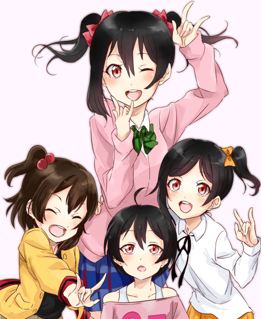 1boy 3girls \m/ black_hair blush bow double_\m/ hair_bow highres love_live! love_live!_school_idol_project multiple_girls nico_nico_nii red_eyes redhead siblings side_ponytail smile twintails vorupi yazawa_kokoa yazawa_kokoro yazawa_kotarou yazawa_nico