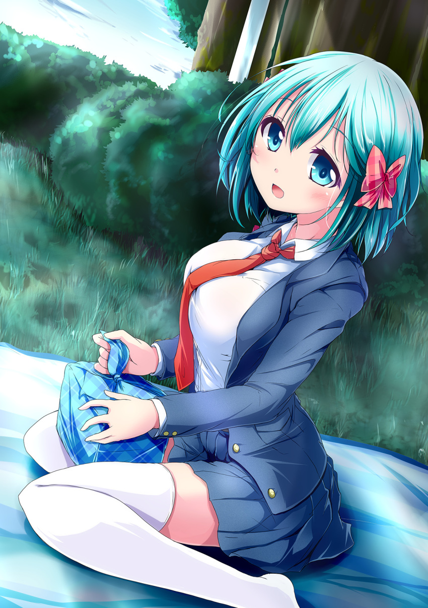 1girl :d aqua_eyes aqua_hair blush bow breasts divine_gate from_side grass hair_bow highres holding jacket long_sleeves looking_at_viewer medium_breasts necktie no_shoes obentou open_mouth outdoors pink_bow pleated_skirt school_uniform short_hair sitting skirt sky smile solo sorairo_porin thigh-highs vivian_(divine_gate) wariza white_legwear