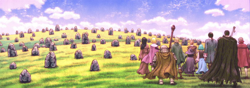 4girls 6+boys absurdres aqua_hair armor azan(berserk) azan_(berserk) berserk black_hair blonde_hair cape casca clouds cloudy_sky colored dragonslayer_(sword) farnese full_armor guts hat highres isidro isma landscape miura_kentarou multiple_boys multiple_girls outdoors puck rock scenery schierke serpico sky staff sword too_many weapon witch_hat