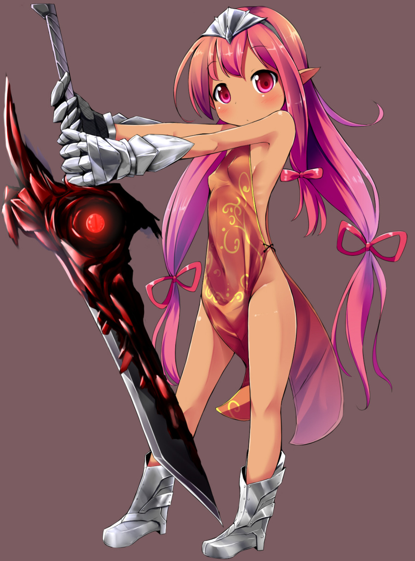 1girl blush breasts child dark_skin eyebrows eyebrows_visible_through_hair full_body hair_ornament hair_ribbon holding long_twintails looking_at_viewer makuran original pointy_ears ribbon shiny shiny_hair shiny_skin simple_background small_breasts solo standing sword twintails very_long_hair