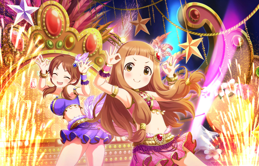 2girls ^_^ armpits arms_up artist_request bangs blunt_bangs blush breasts brown_eyes brown_hair child closed_eyes dancing feathers gem hair_ornament ichihara_nina idolmaster idolmaster_cinderella_girls idolmaster_cinderella_girls_starlight_stage jewelry katagiri_sanae large_breasts long_hair looking_at_viewer low_twintails multiple_girls navel official_art open_mouth skirt smile twintails