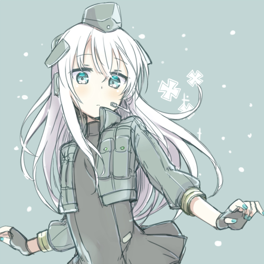 1girl aqua_nails blonde_hair blue_eyes buttons cropped_jacket fingerless_gloves garrison_cap gloves hat headphones headset highres kantai_collection long_hair long_sleeves looking_at_viewer microphone military military_uniform nail_polish nonono_(mino) solo swimsuit swimsuit_under_clothes u-511_(kantai_collection) uniform white_hair
