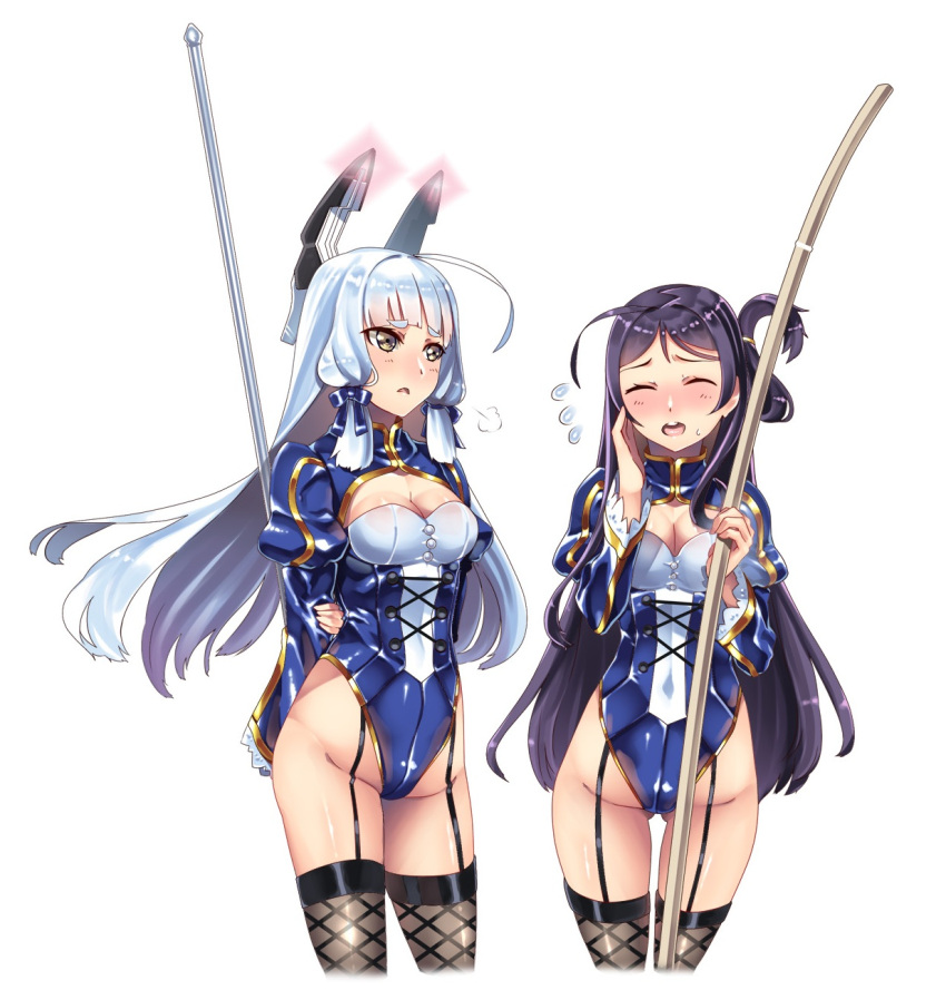 2girls arm_behind_back black_hair blue_hair blush breasts cleavage cosplay crossover fate/grand_order fate/stay_night fate_(series) flying_sweatdrops folded_hair framed_breasts garter_straps hand_on_own_cheek headgear hiememiko high_school_fleet highres holding holding_weapon kantai_collection leotard long_hair marikouji_kaede multiple_girls murakumo_(kantai_collection) open_mouth polearm saber saber_(cosplay) sidelocks simple_background tears thigh-highs weapon white_background yuri