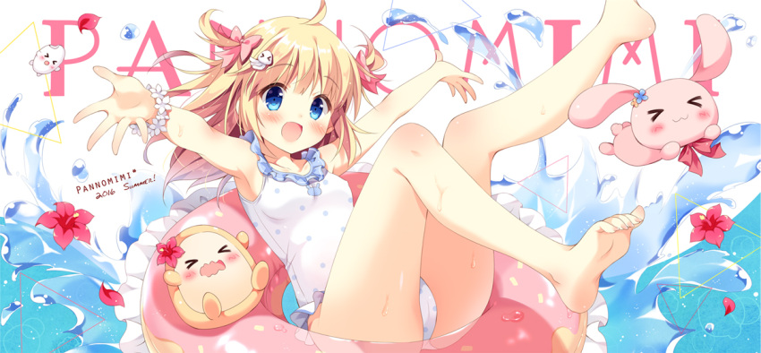 &gt;_&lt; 1girl 2016 :3 :d ahoge armpits ass barefoot blonde_hair blue_eyes blush bow breasts bunny_print closed_eyes collarbone creature english flower hair_bow hair_ornament hibiscus innertube legs_up long_hair looking_at_viewer one-piece_swimsuit open_mouth original outstretched_arms pan_(mimi) petals polka_dot polka_dot_swimsuit rabbit small_breasts smile solo swimsuit toenails two_side_up water water_drop wet wristband