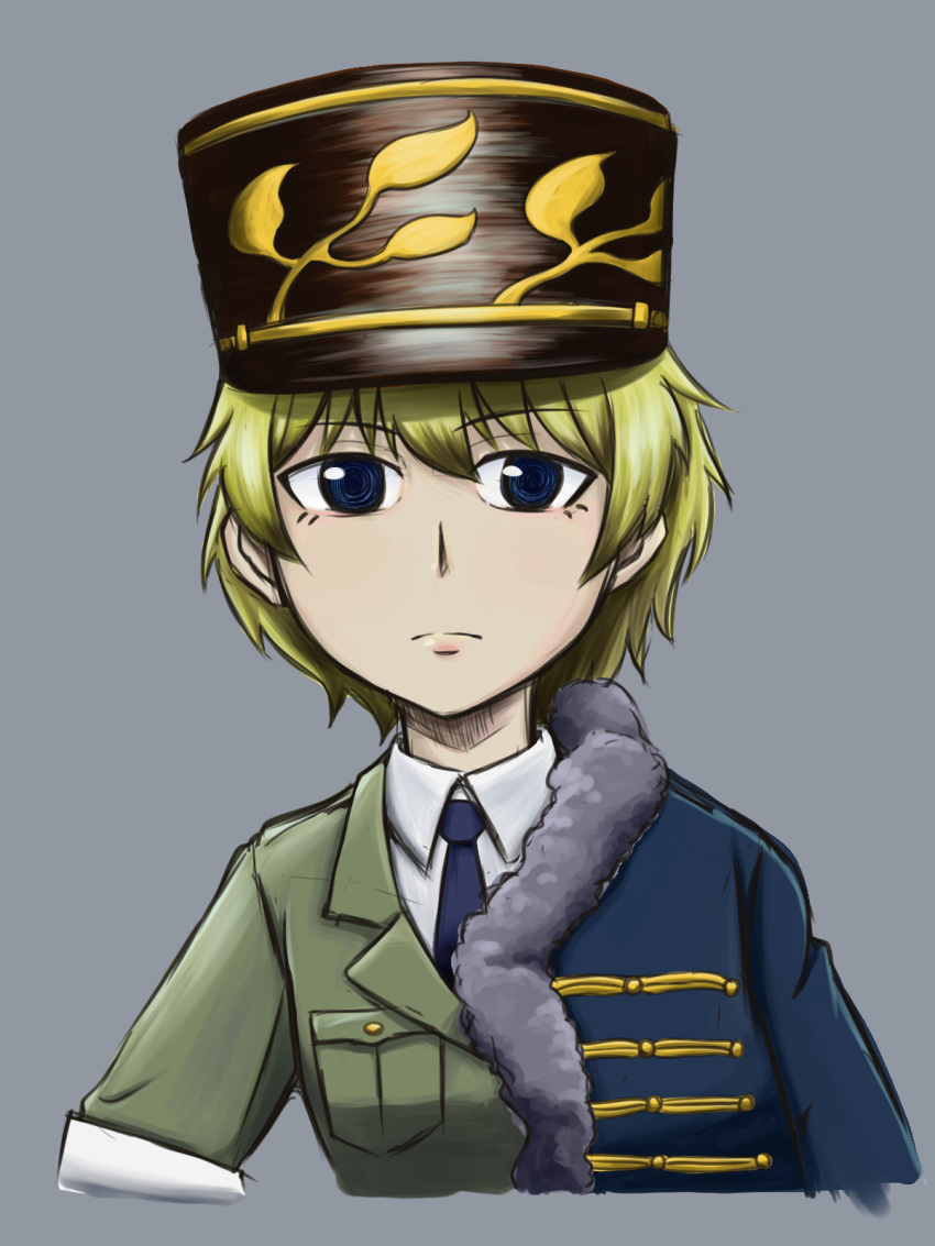 asparagus_(girls_und_panzer) blonde_hair blue_eyes blue_necktie conviction_agency girls_und_panzer girls_und_panzer_ribbon_no_musha green_jacket highres jacket jacket_over_shoulder kepi military military_uniform necktie shirt short_hair simple_background uniform white_shirt