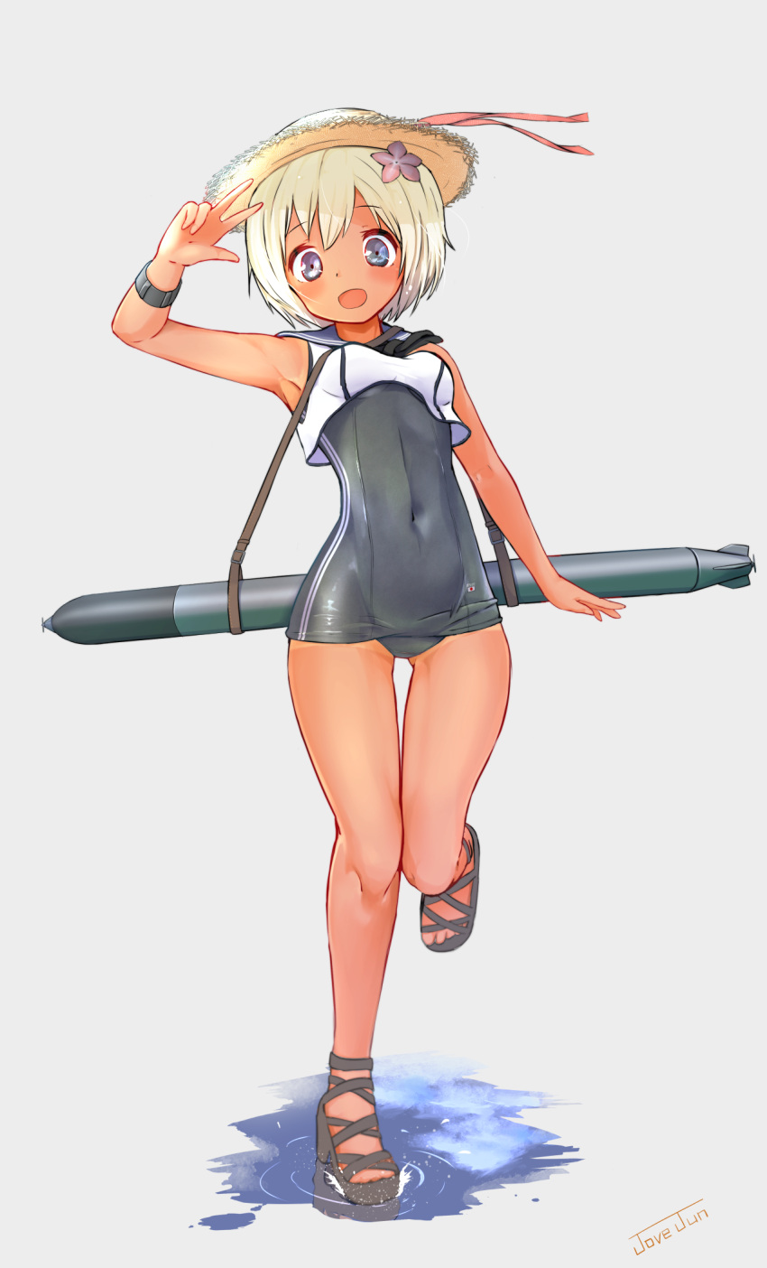 1girl alternate_hair_length alternate_hairstyle blonde_hair blue_eyes commentary covered_navel crop_top flower hair_flower hair_ornament hat highres jovejun kantai_collection one-piece_tan open_toe_shoes puddle revision ro-500_(kantai_collection) sailor_collar school_swimsuit shoes short_hair swimsuit swimsuit_under_clothes tan tanline torpedo